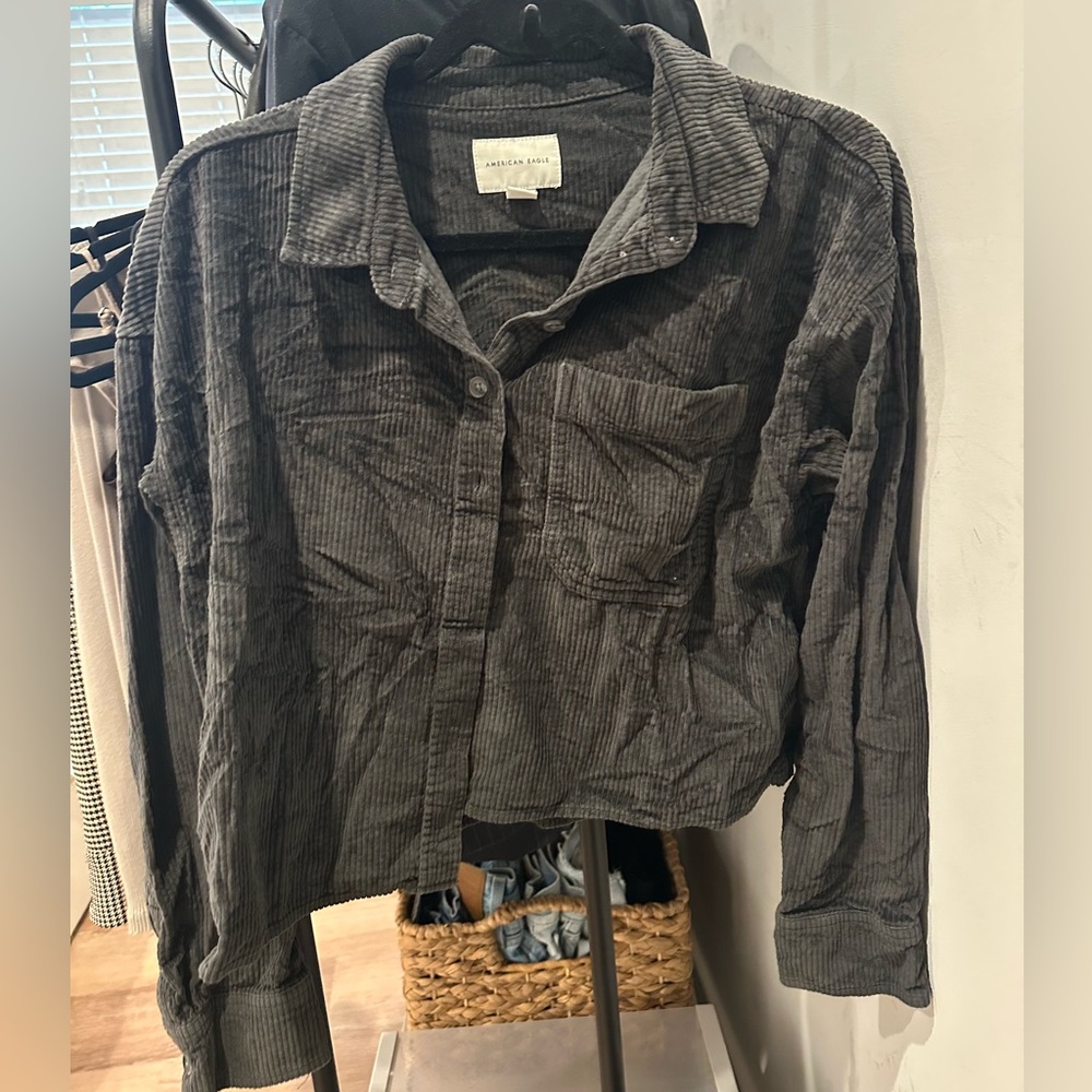 American Eagle corduroy charcoal grey button up